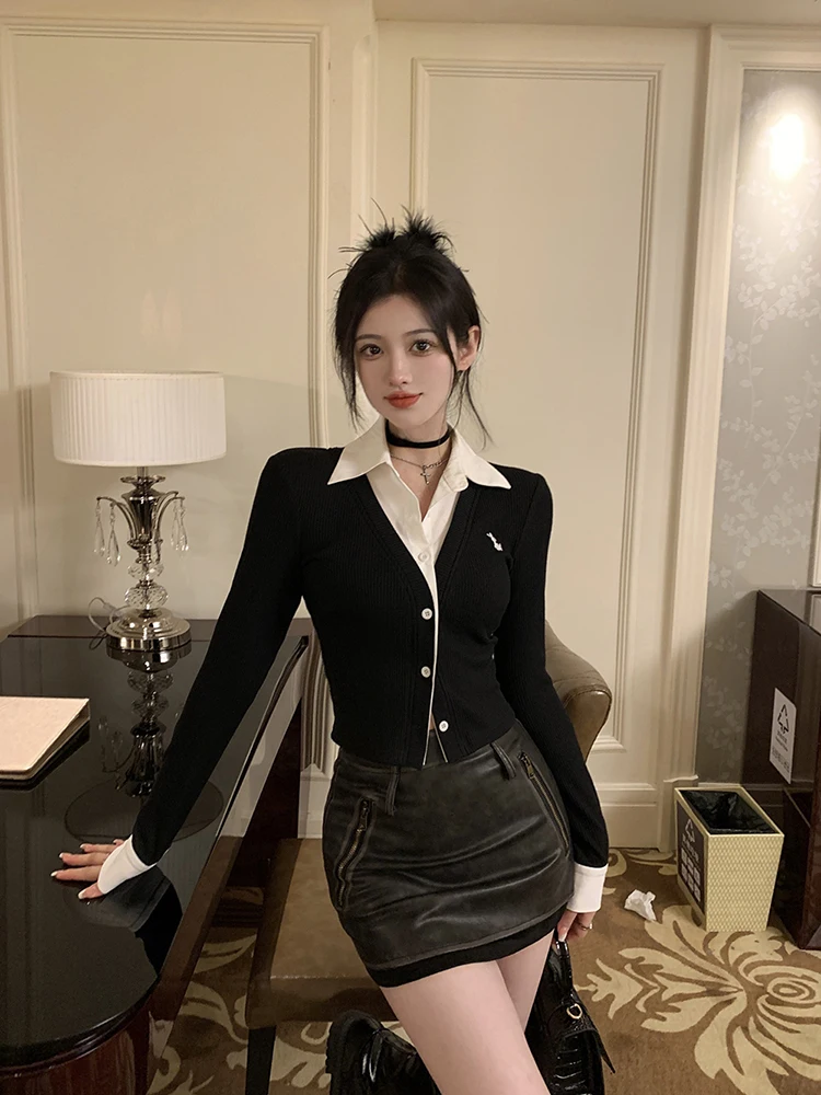 Design Sensation Short Knitted Open Cardigan Women's Style Slim Fit Base Shirt Korean Version  Collar Long Sleeve Button up