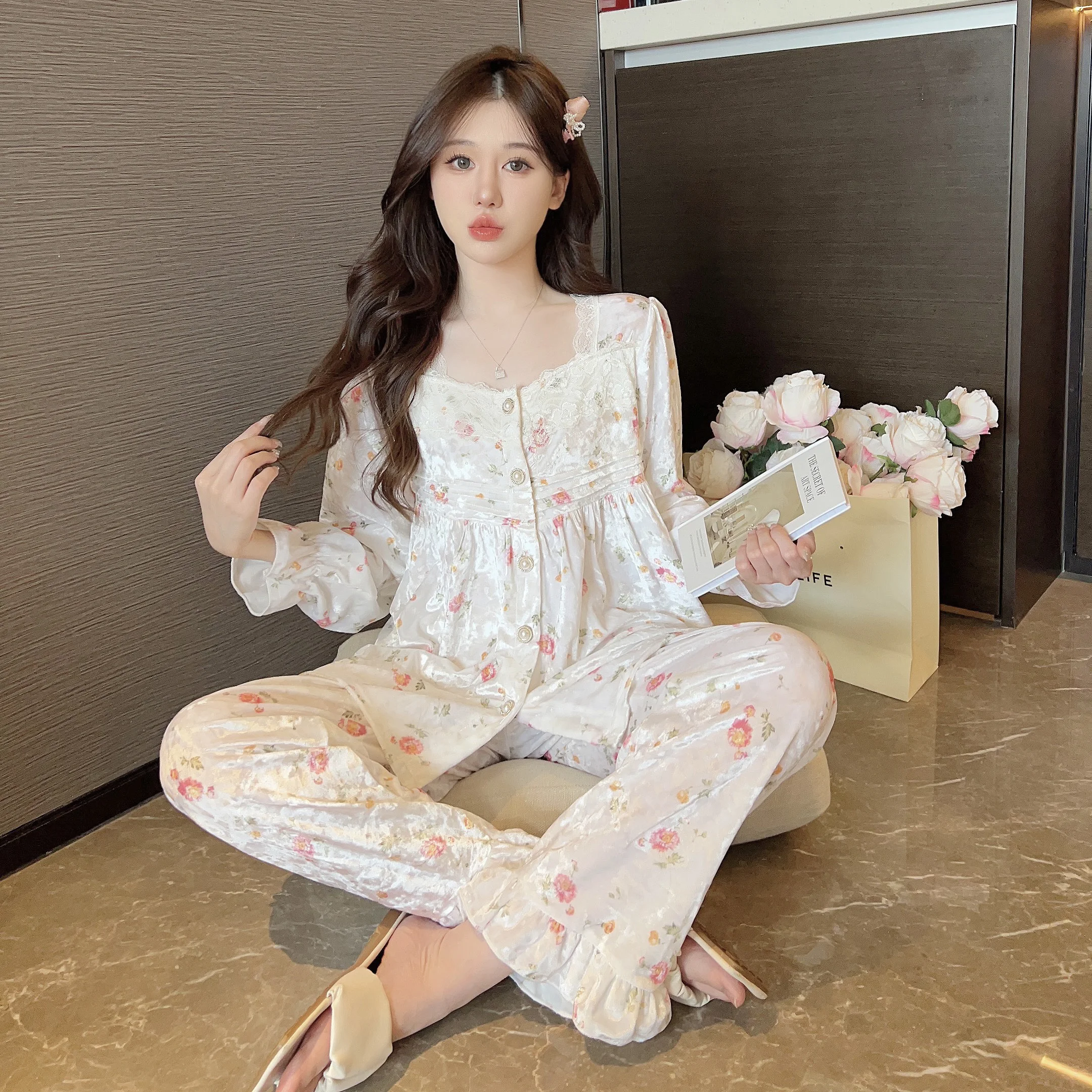 

Женские пижамные комплекты желтого цвета с воротником, из традиционного хлопка, с длинными рукавами, для дома, классического дизайна, на осень-зиму, в стиле OL