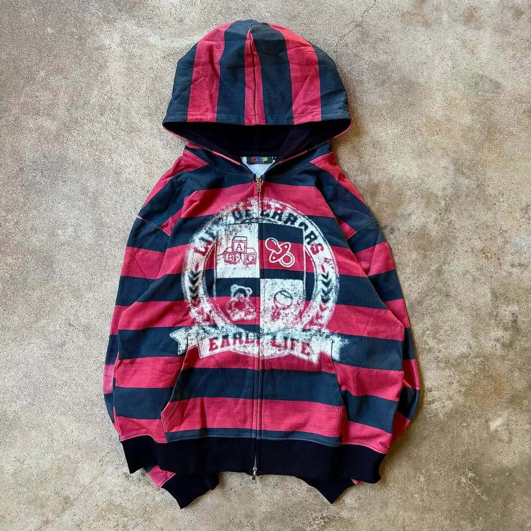 Mens Hoodie Vintage Streetwear Red Black Striped Zip Up Sweatshirt Life Of Errors Print Loose Fit Distressed Retro Cool Fashion