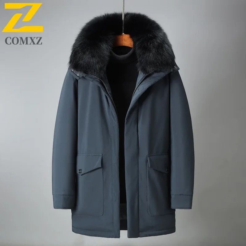 COMXZ Brand Luxury Mens Down Jacket Hooded Outdoor Riding Cold Protection Parka Korean Fashion Warm Windproof Winter Coat