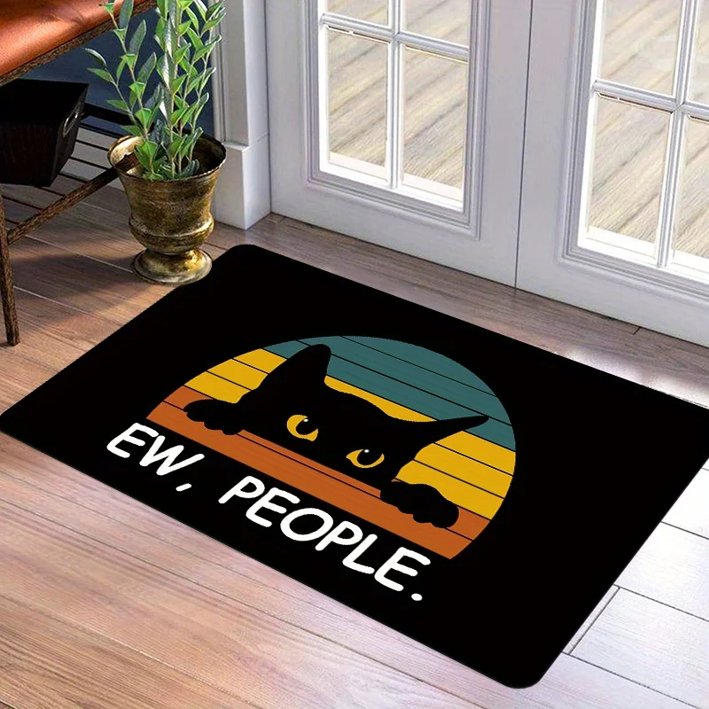 Funny Black Cat Entrance Doormat Retro Sunset Ew People Slogan Graphic Rug Humor Pet Style Decor Mat for Front Entryway