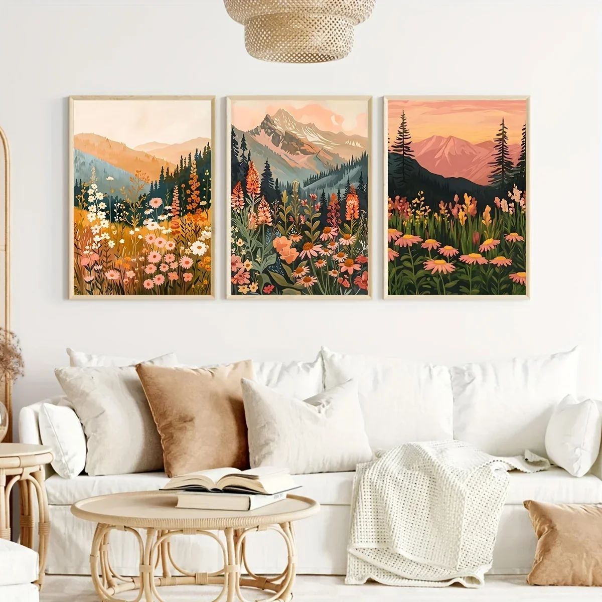 Set of 3 Spring Scenery Boho Daisy Mountain Sunset Landscape Art Print, Earth Tones Boho Sunset Wildflower Daisy Flower Art,