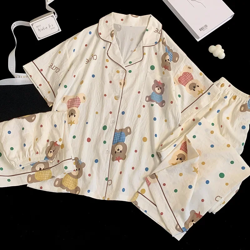 Casual Homewear Polka Dot Bear Print Summer Pajamas Girl Short Sleeve Three-piece Set Sleepwear Women Lingerie Pijama Student Pj