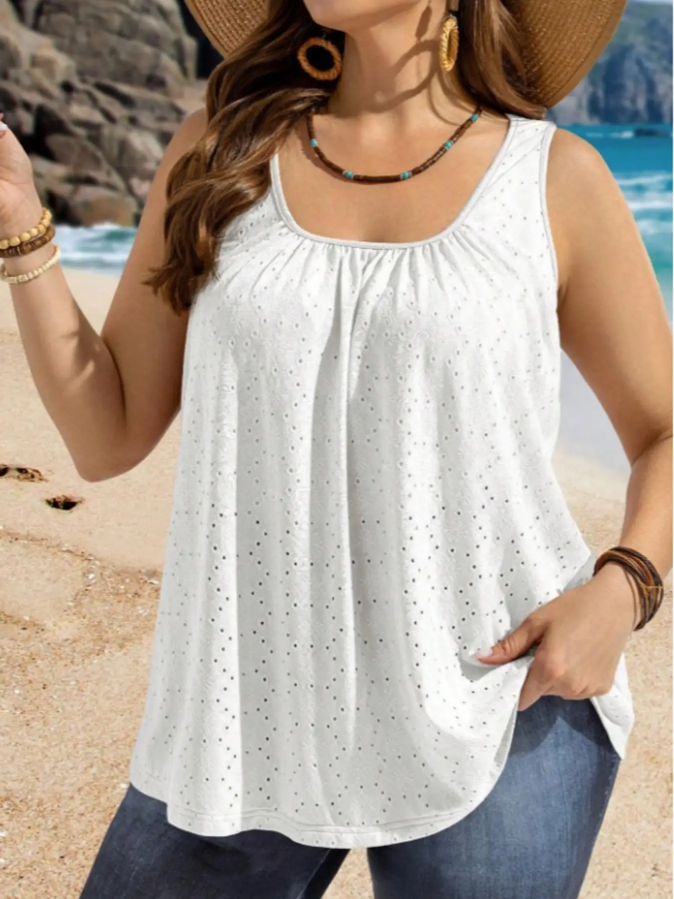 Camisolas de Verano para Mujer Tallas Grandes, con Bordado de Ojales, Cuello Cuadrado, Corte Holgado, Sin Mangas, Estilo Casual