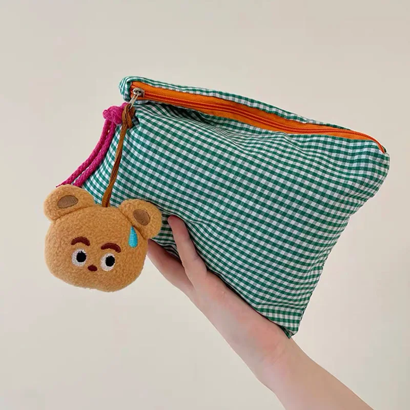 Fashion Plaid Makeup Bag With Zipper Cotton Organizer Pouch Large Capacity Cosmetic Bag Portable Storage Bag Women Simple Purse