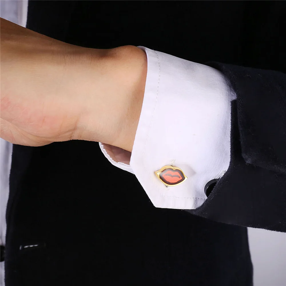 أزرار أكمام شفاه حمراء من الفولاذ المقاوم للصدأ باللون الذهبي للرجال والنساء أزرار أكمام أنيقة هدية مجوهرات للجنسين #6