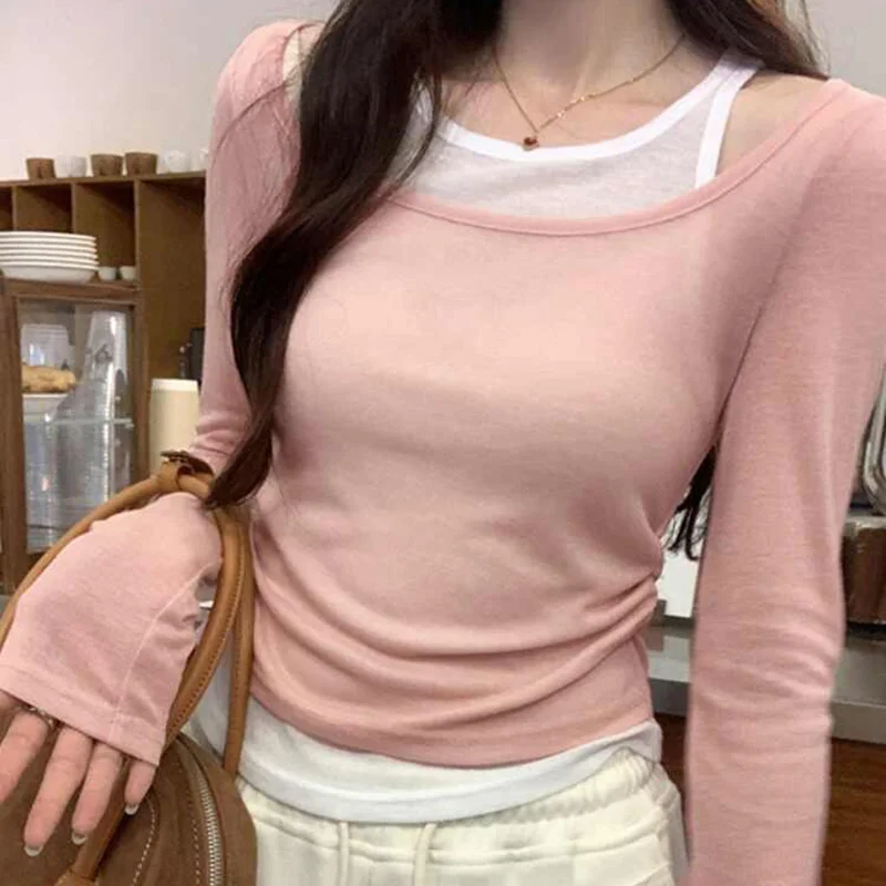 Spring New Fake Two Pieces Contrast Color T-shirts Women Off Shoulder Long Sleeve Base Tops Female Pleated Slim Tees