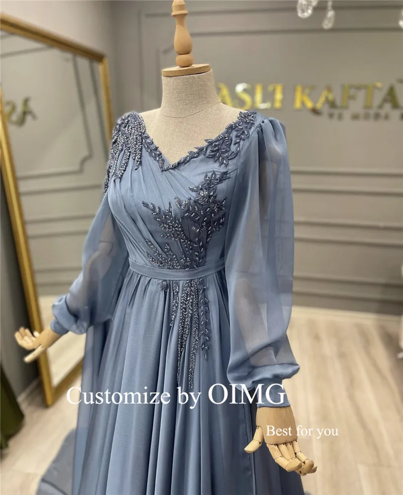 Oimg Stoffige Blauwe Chiffon Avondjurken Lange Mouwen Cape Trein Kralen Prom Dress Bruiloft Evenement Dubai Vrouwen Elegante Formele Jurk