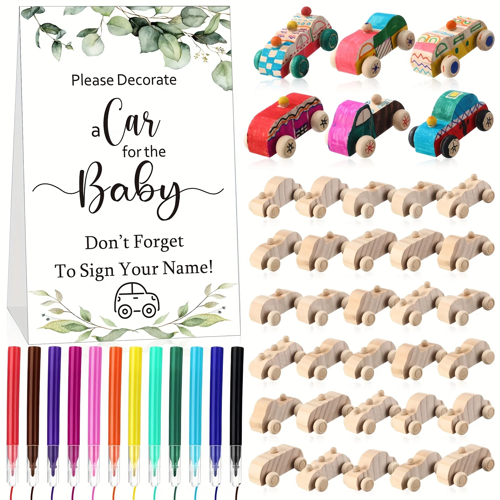 WinnerWhy Shower Game Sign Kit Includes 32 Unfinished Wooden Car Blocks, 12 Markers, And A Prize Decoration Sign (Leaf) for Hall