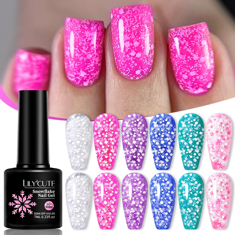 LILYCUTE 7ML Snowflake เจลเล็บกึ่งถาวร UV เจลสีชมพูสีขาวหิมะเลื่อมเจลเล็บ Art Design เคลือบเงาเล็บ