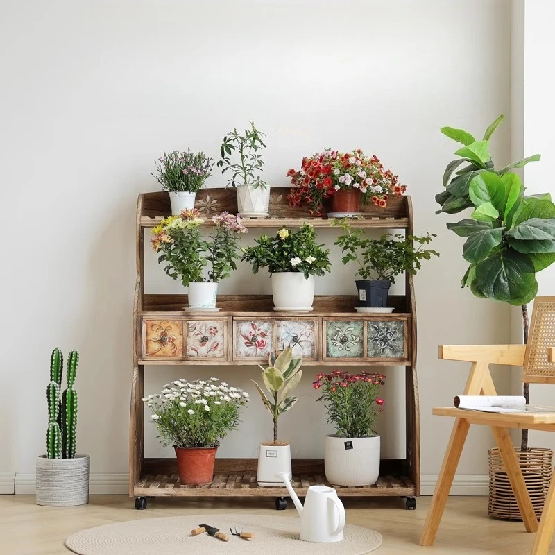 

Balcony flower rack living room floor-to-ceiling creative, movable solid wood multi-layer ladder flower rack with wheels
