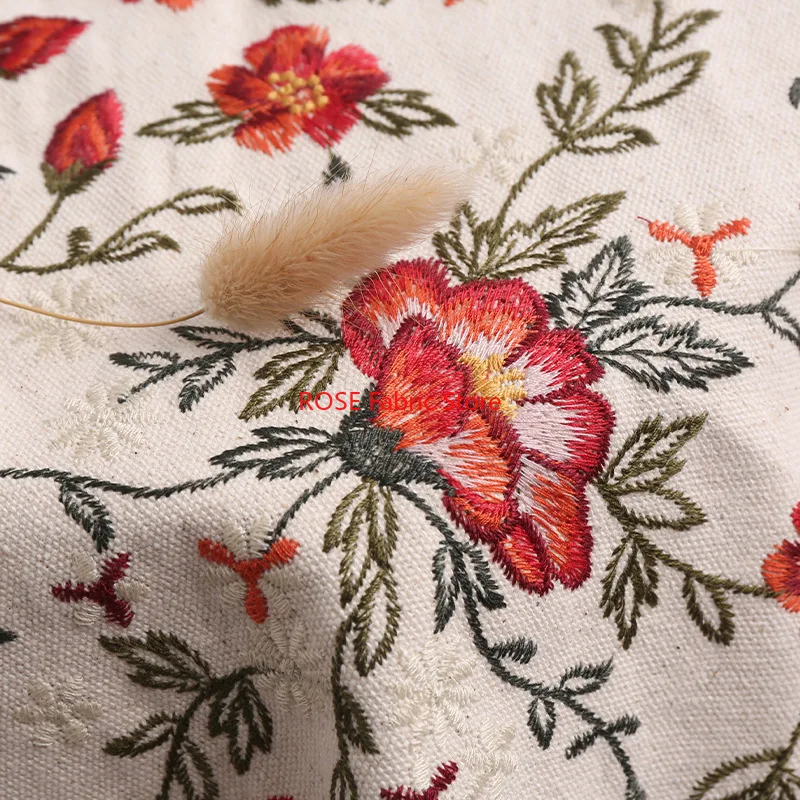 

3D large flower embroidery Cotton and Linen Fabric For Dress,Cheongsam, performance costumes, sofa pillows, cushions DIY fabrics