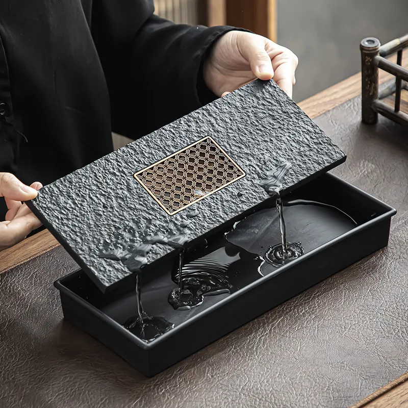 Imitation black gold stone light luxury household tea tray, small with storage and drainage tray, dry soaking tray, tea sea