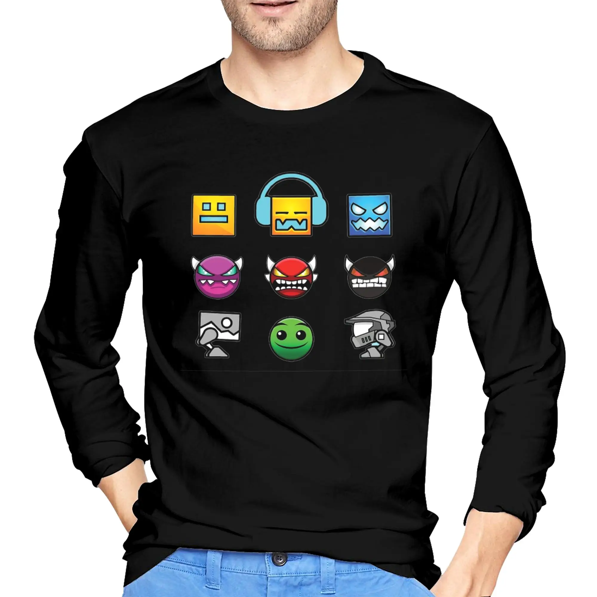

Geometry Dash Men's Long Sleeved T-shirt Breathable Round Neck T shirts Spring and Autumn Men tops