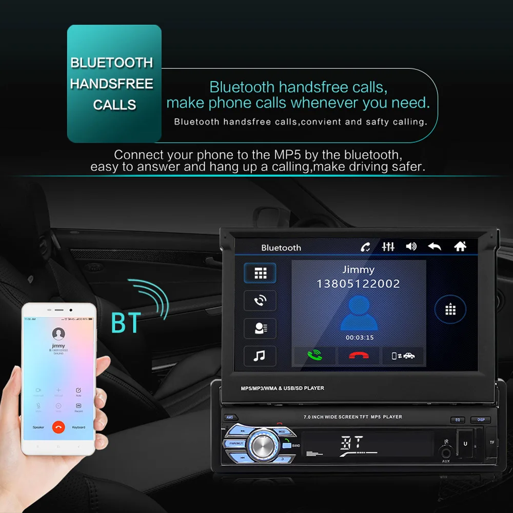 Podofo 1DIN 7-Zoll Autoradio mit ausfahrbarem Touchscreen, Bluetooth, Multimedia-Player, FM, USB, AUX, Audio – Detail 3