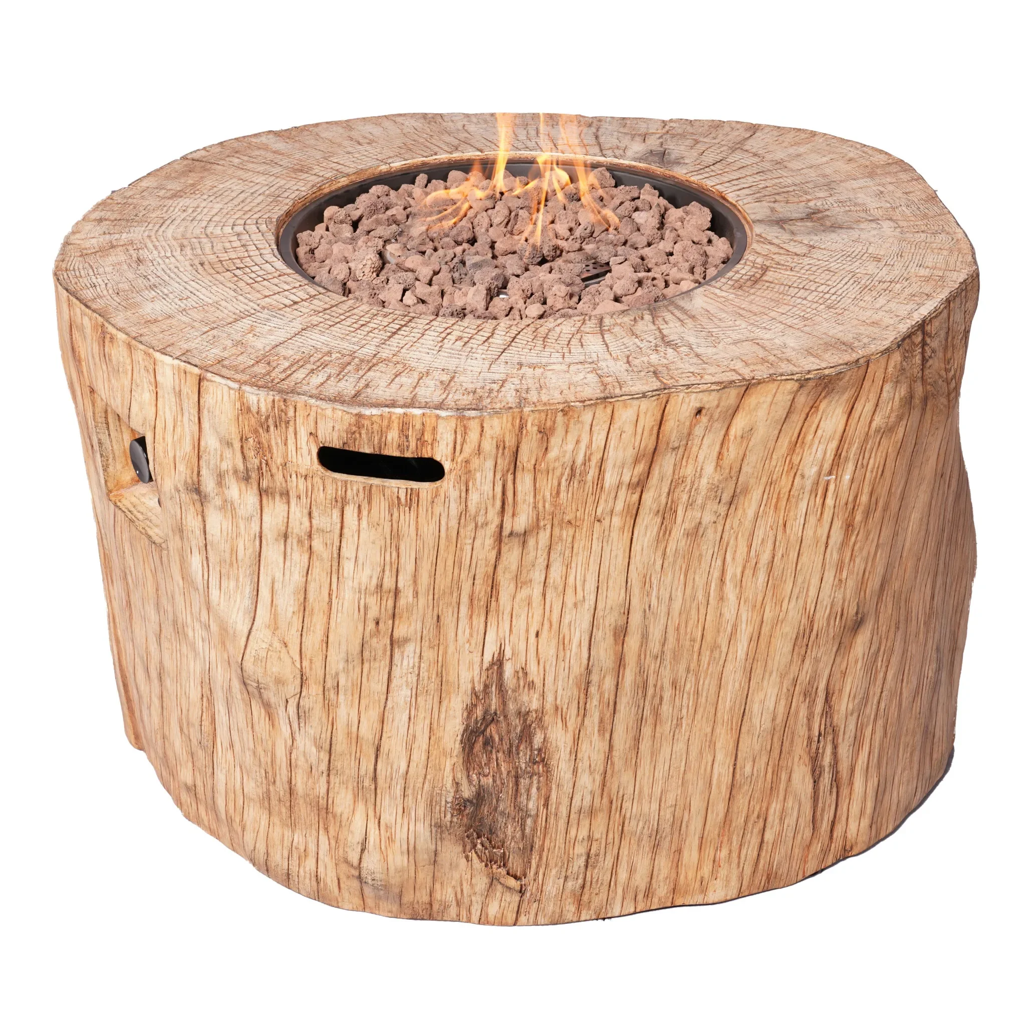 

HMS 37\" Brown Faux Wood Round Fire Pit with Cover Outdoor Garden Propane Table Stump Fire Pit Propane Table for Outdoor Use
