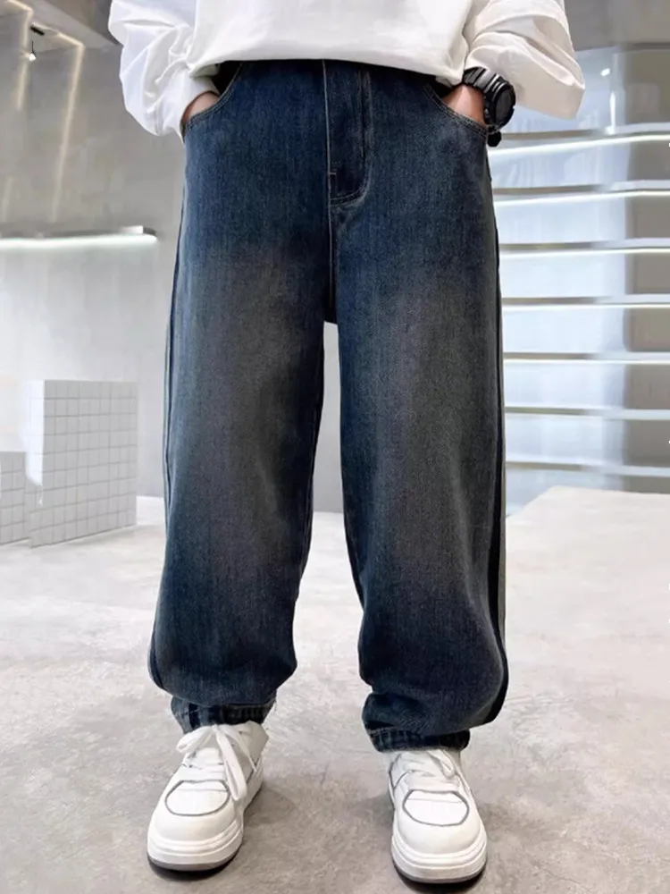 

Boys Jeans Stright Pants For Spring Autumn 2025 New Fashion Elastic Waist Back Pockets Letters Print Teenagers Clothes Trousers