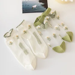 Women's Ultra-thin Transparent Glass Silk Breathable Socks Summer New Embroidery Floral Cotton Socks Sweet and Cute Short Socks