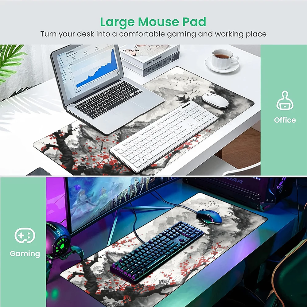 Коврик для мыши Настольный коврик с чернильной стиральной художественной иллюстрацией Коврик для мыши с прошитыми краями Нескользящая резиновая основа Клавиатура Расширенный коврик игровой коврик