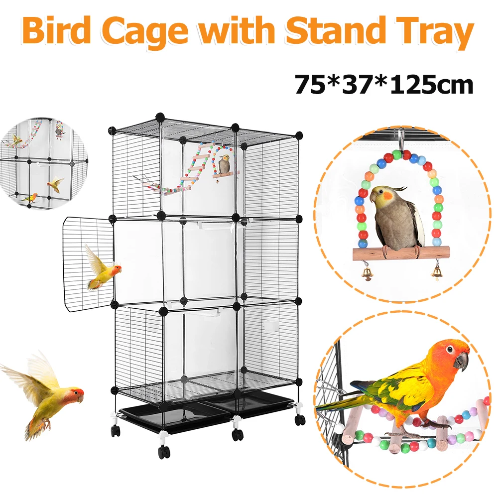 gabbia-per-uccelli-grande-75x37x125-cm-nero-design-trasparente-pappagallo-aviario-con-vassoio-staccabile-cibo-tazze-d'acqua-appassionati-ruote-altalena