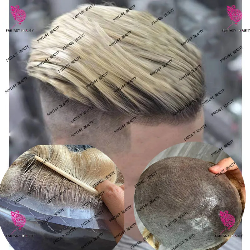 Rambut palsu pria rambut manusia pirang 4 T /613 coklat Ombre tidak dapat terdeteksi rambut manusia garis rambut alami 0.06mm prostesis kulit Vloop penuh