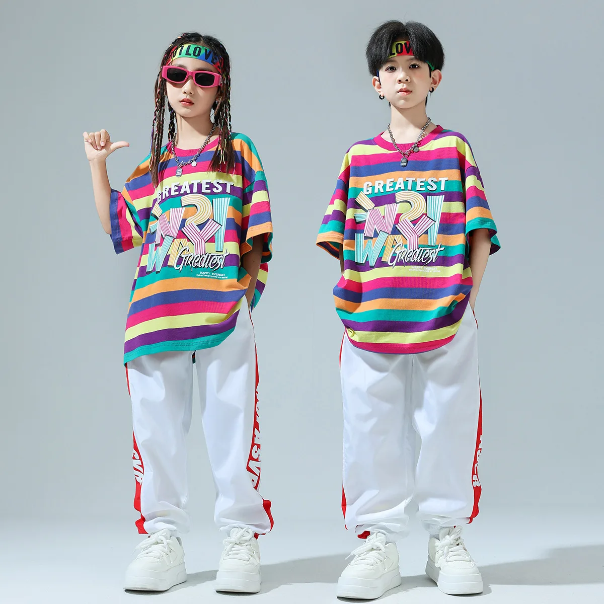 Kinder Street Dance Performance Kleidung Mädchen im ausländischen Stil gestreiftes T-Shirt Jungen Hip Hop Anzug