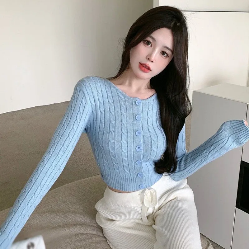 Knitted Cardigan Women\'s Coat  Long Sleeve  Round Neck Korean Sweater Vintage Slim Short Tops  Spring