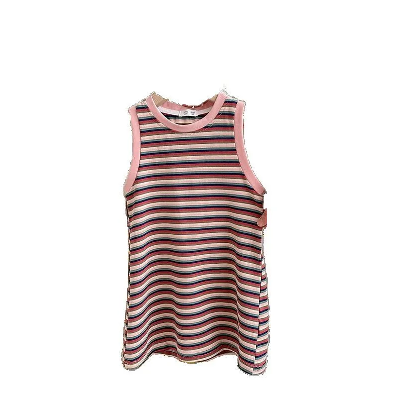 فستان صيفي مخطط للفتيات - فستان قطني مسامي على شكل حرف A مع أشرطة واسعة، متواضع ومريح للعب