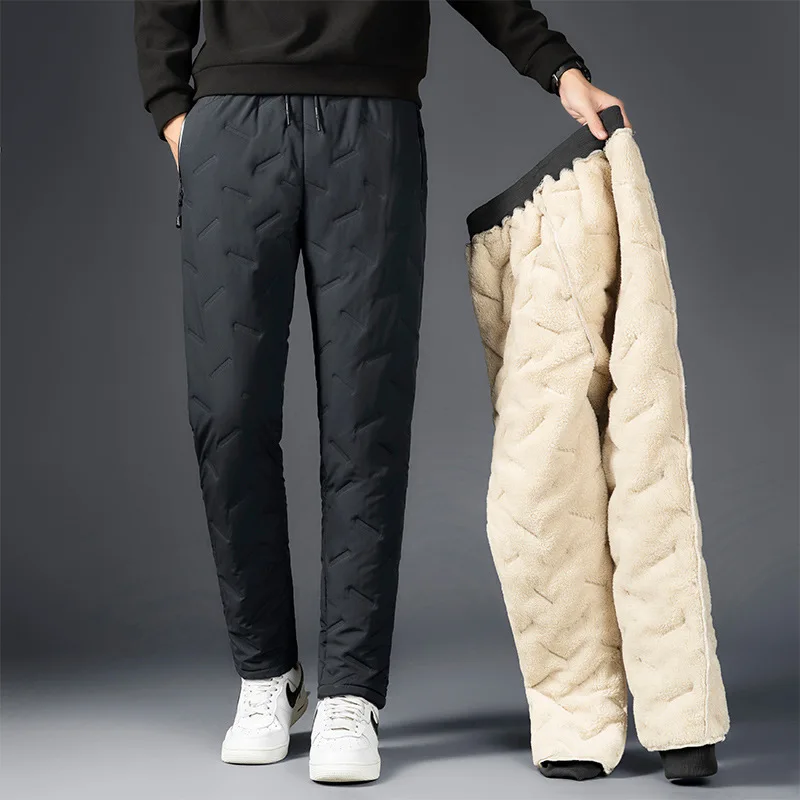 

Pants Men Long Pant Thick Warm Elastic Waist Regular Solid Splice Simple Casual Loose Straight Trousers Autumn Winter 2024