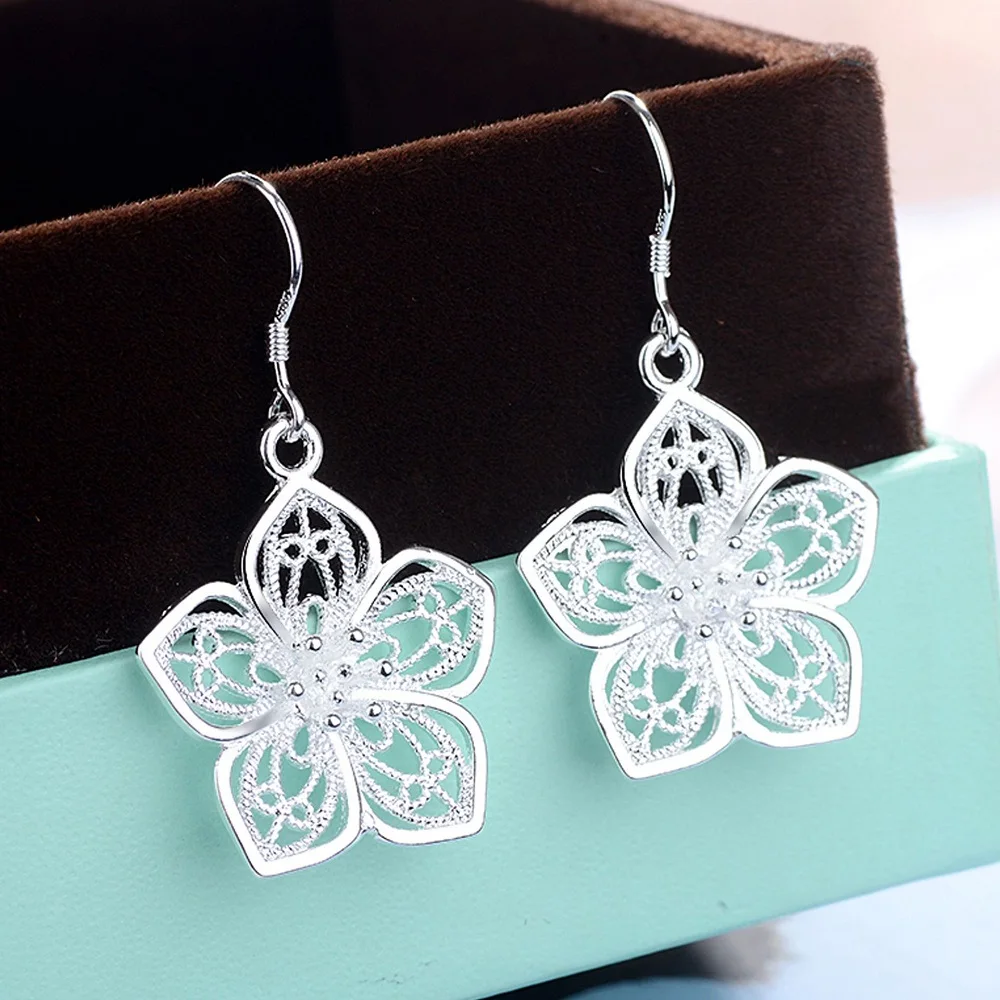 Hot High Quality Retro Pretty Flowers Silver color Earrings for women Fashion luxury party wedding Jewelry fine gifts