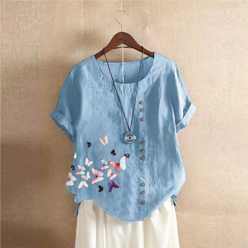 Women's Summer Retro Casual Loose Cotton Linen Short Sleeved T-shirt Female Butterfly Printed Round Neck Pullover Shirt Blouse