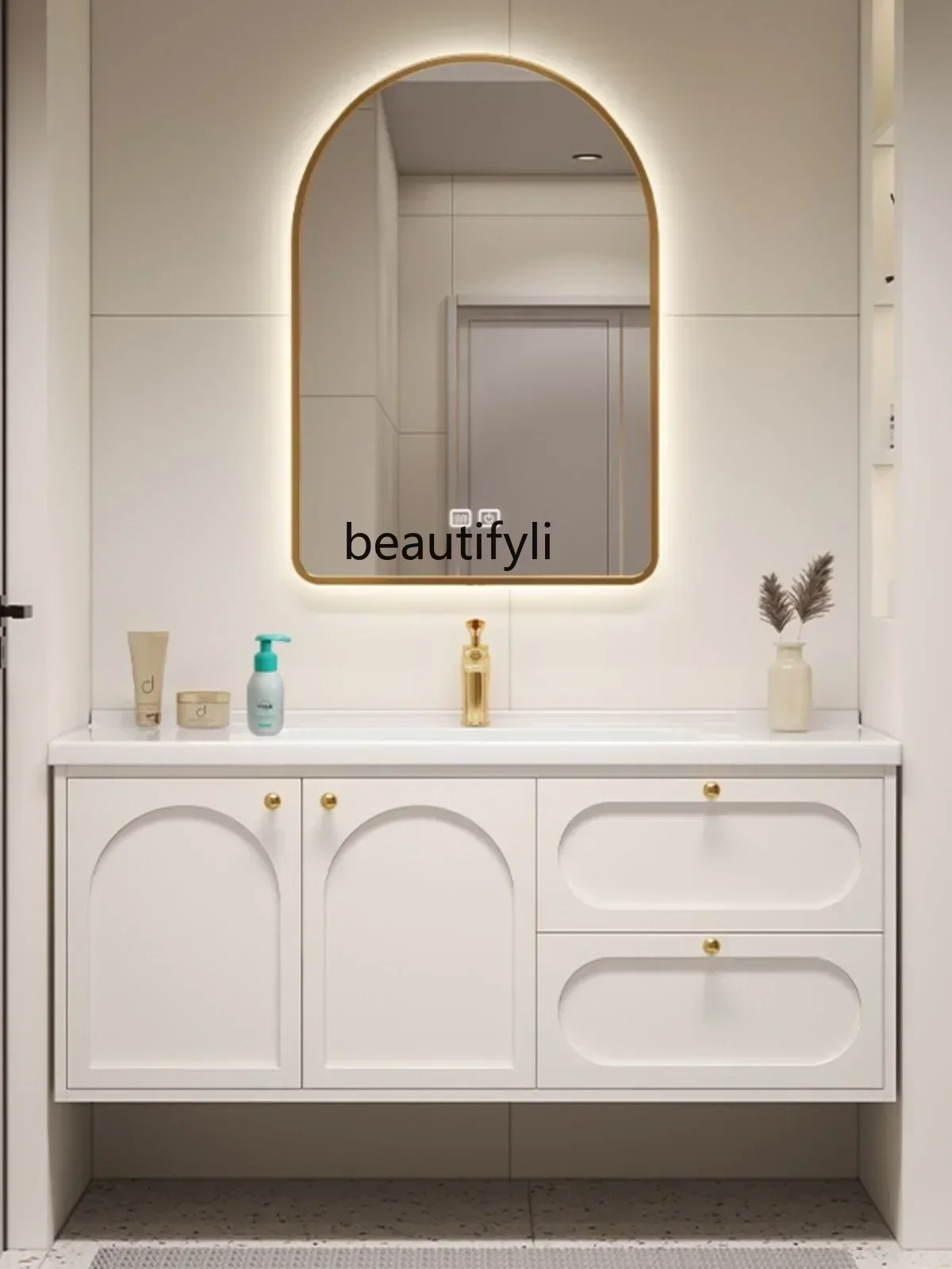 

44Cream Style Smart Solid Wood Bathroom Cabinet Combination Wall-Mounted Integrated Ceramic Basin Bathroom Cabinet