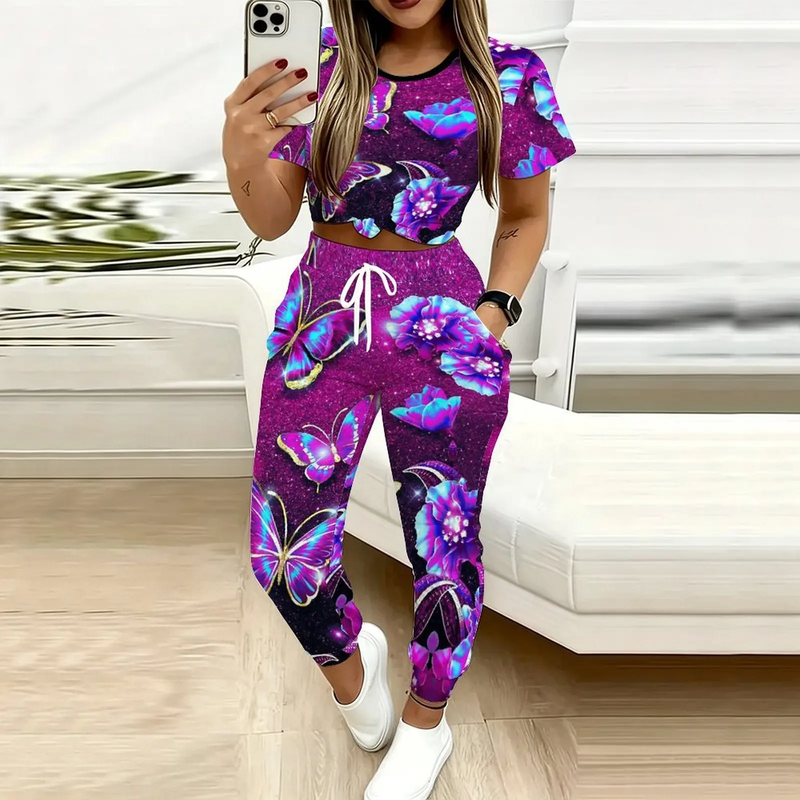 Plus Size Vintage Print Two Piece Set Ladies Casual Short Sleeved Elegance Tops Everyday Street Sport Pants