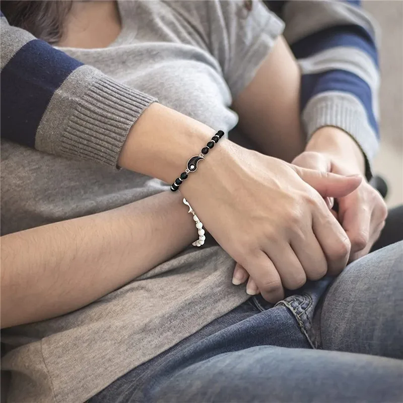 Distance Bracelet Classic Natural Stone White and Black Yin Yang Taichi Bagua Beaded Bracelets For Men Women Best Friend Jewelry