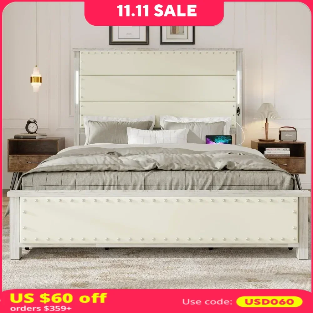 Queen  Size Bed Frame with Linen Upholstered Headboard Iron Platform Bed with Touch Light Belt Built-in Charging Station