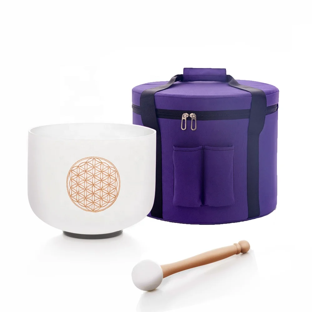 

528Hz 8"C Frosted Quartz Crystal Singing Bowl With Life Flower Design For Sound Healing With Carry Bag