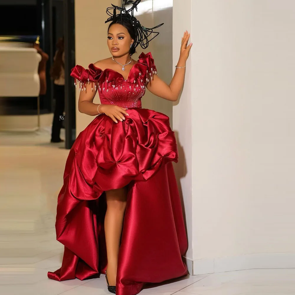 Rode Hoog Laag Avondjurken Met Kwastjes Kristallen Uit De Schouder Kerst Galajurk Voor Afrikaanse Vrouwen Bruiloft Jurken