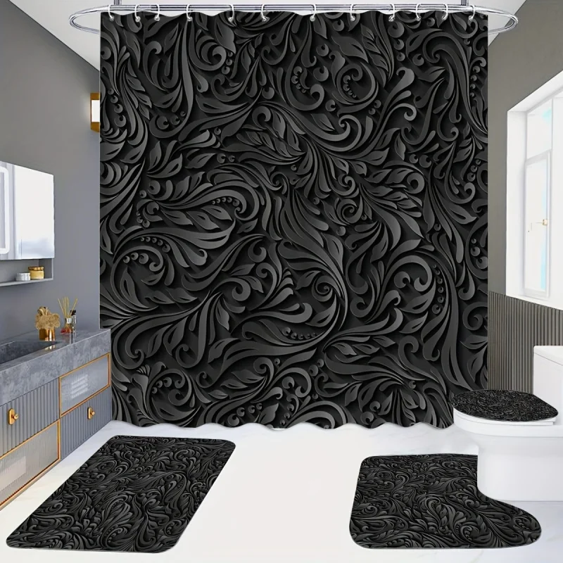 

4 шт. черный простой розовый узор U-образный коврик для унитаза, коврик для сиденья унитаза, украшение для ванной комнаты, набор занавесок для душа в ванной комнате, Showe