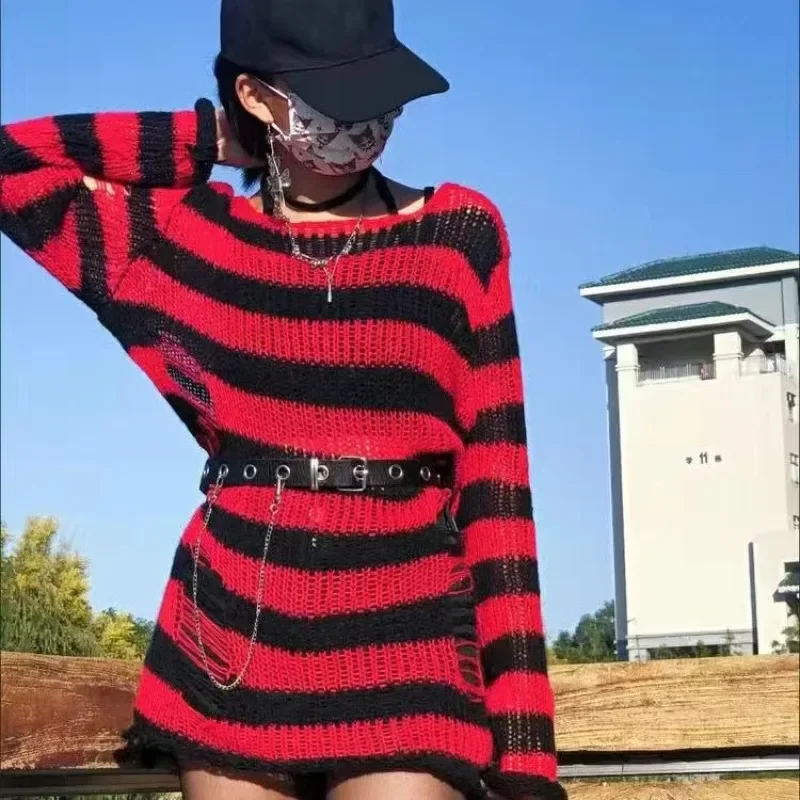 Jesień Nowy Sweter Punk Gothic Kobiety Oversized Pullovers Striped Cool Hollow Out Hole Broken Harajuku Estetyka Sweter