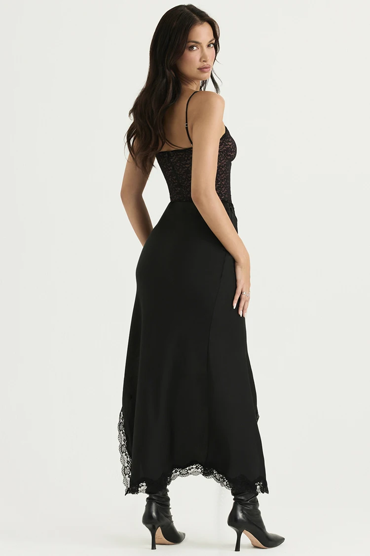 Summer Women's Suspender Lace Lace Skinny Off-the-shoulder Sleeveless Top Bag Hip Slit Black Skirt Two-piece Suit