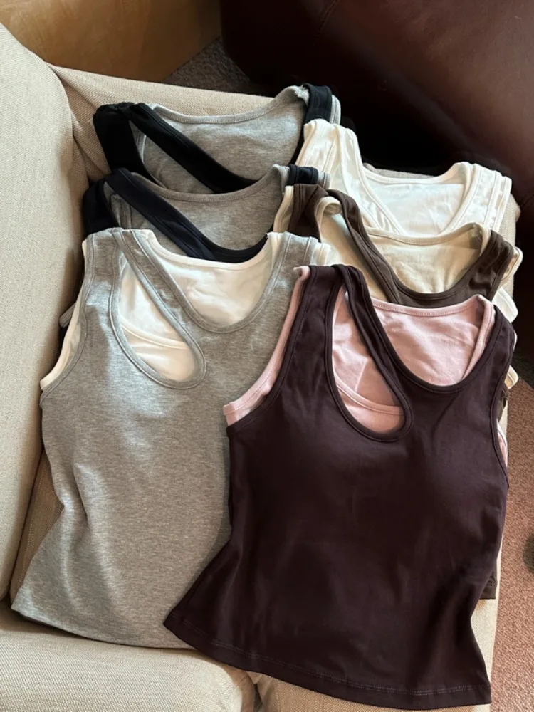

Sporty Style Integrated Strap Vest Women's Inner Wear Spring Summer Breathable Skin-Friendly Small Strap Top with Chest Pad