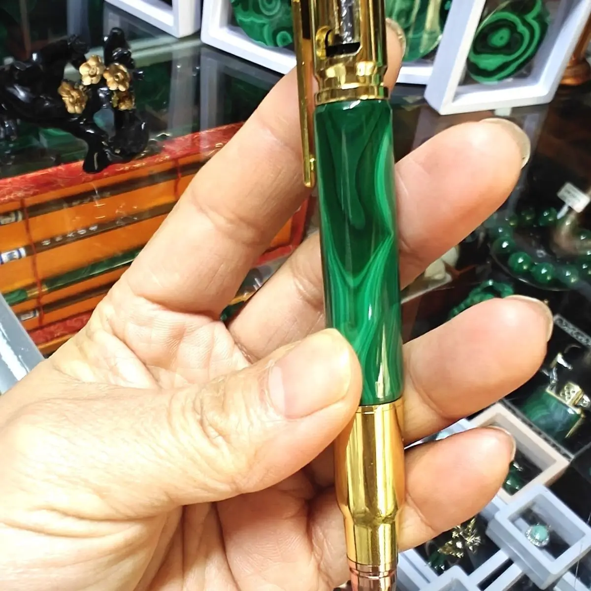 Luxury Pure Natural Peacock Stone, Pure Copper Inlaid Ballpoint Pen view 2