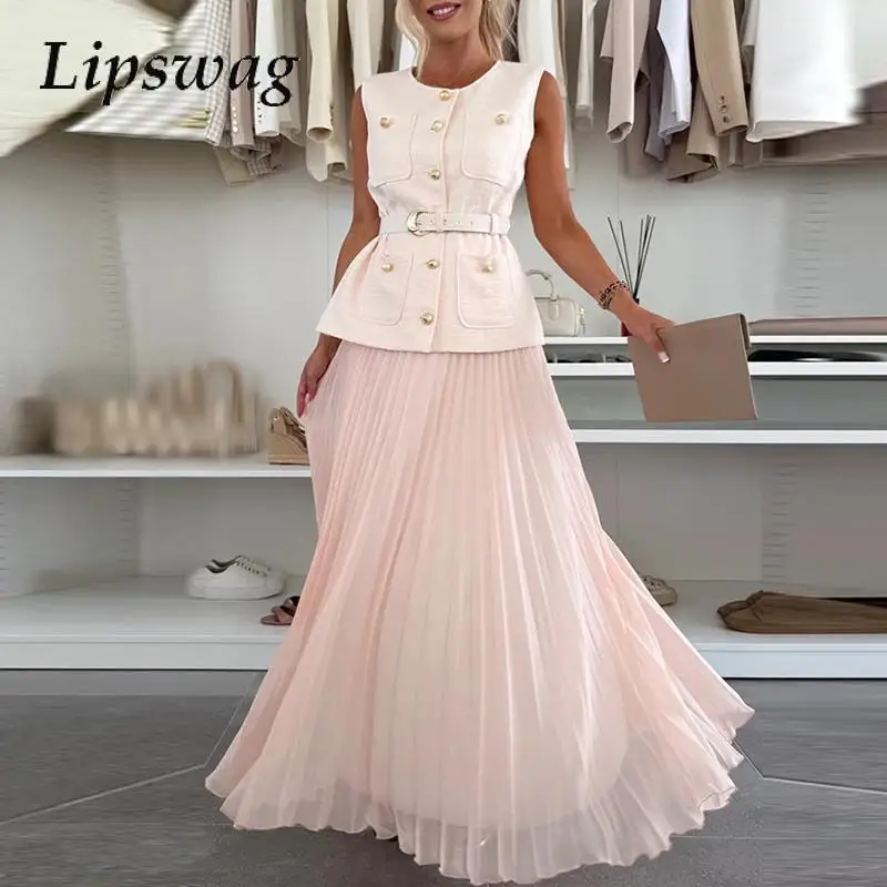 

Women Single Breasted Vest Jacket&Long Skirts Set 2025 Temperament Solid Color Office Outfits Summer Swing Two Piece Dresses Set