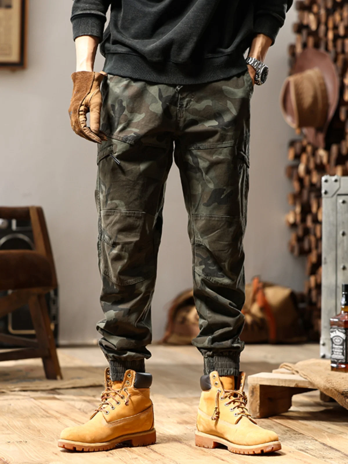 

Мужские рабочие брюки American Sle Heavyweight Camouflage: модные, свободные, прямые, повседневные, с широкими штанинами, универсальные, с манжетами.