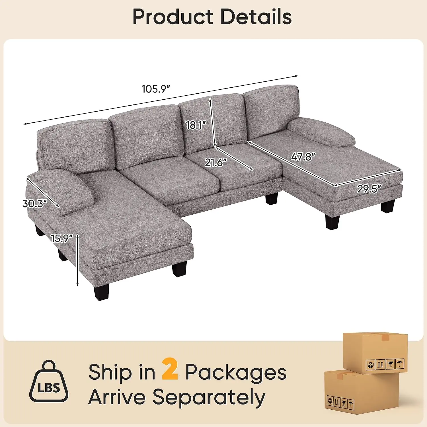 U-Shaped Sectional Sofa for Living Room, 3-Seat Modular Couch with Reversible Chaise, Fabric Furniture for Home, Customized