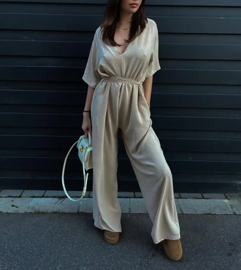 

Elegant Women's Jumpsuit Casual Solid Color V-Neck Drawstring Short Sleeved Jumpsuit Elegant Commuting Urban Women's Jumpsuit