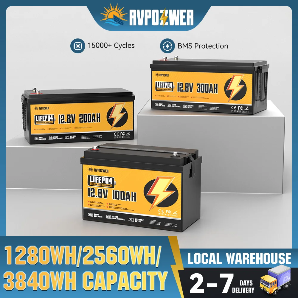 RVPOZWER 12V 100Ah 200Ah 300Ah LiFePO4 Battery Rechargeable Cells 15000 Cycle with BMS For RV/ Vans/ Camping/ Home Storage/Solar