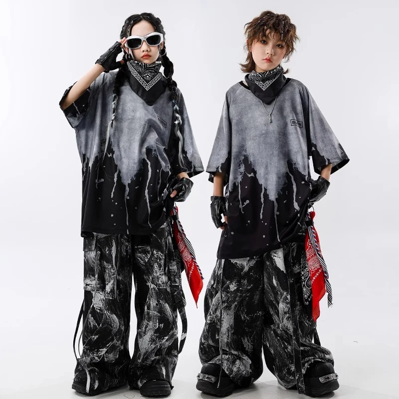 Costume de danse de rue, ensemble Hip Hop, T-Shirt surdimensionné, pantalon Shuffle noir et gris, Costume de scène de spectacle pour enfants, tenue de Jazz 3535