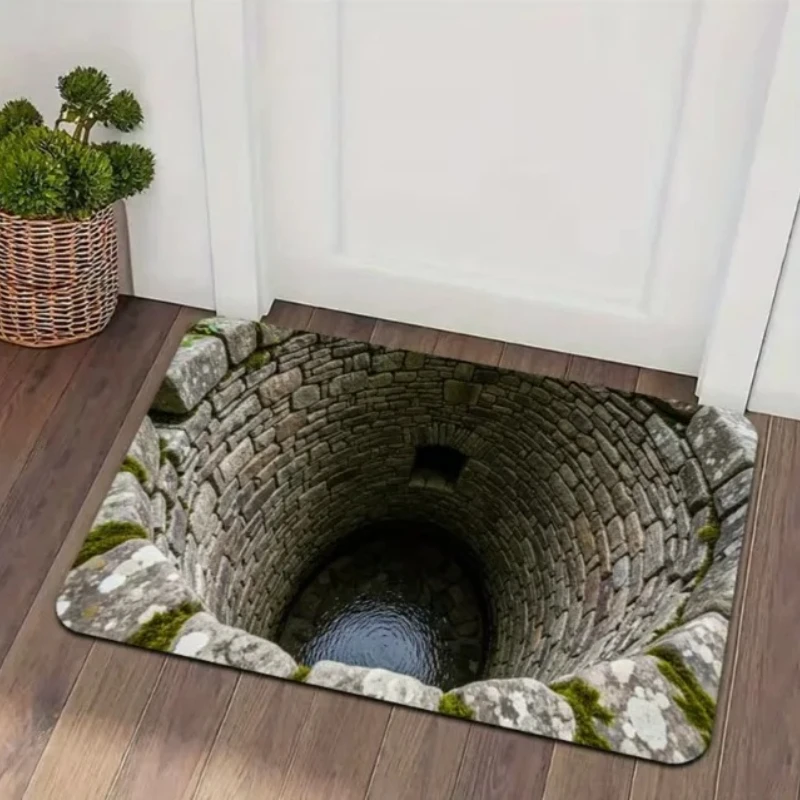 3D Stone Well Flannel Rug Printed Carpet Indoor Decorative Entryway Floor Mat Anti Slip Soft Optical Illusion Design