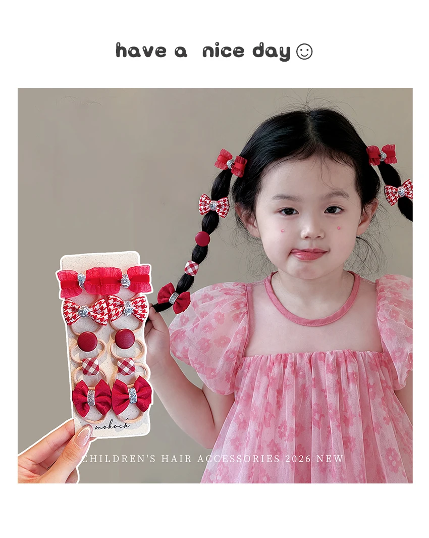 10 Stück Süße Kinder-Haarschleifen aus Stoff mit Blumen- und Karomuster, Mini-Elastische Haarbänder mit Pompon, Herzperlen, Haaraccessoires für Mädchen und Kleinkinder – Detail 1
